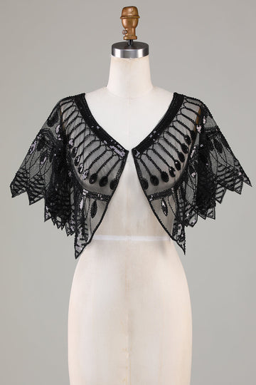 Lentejuelas negras Glitter 1920s Cape con abalorios